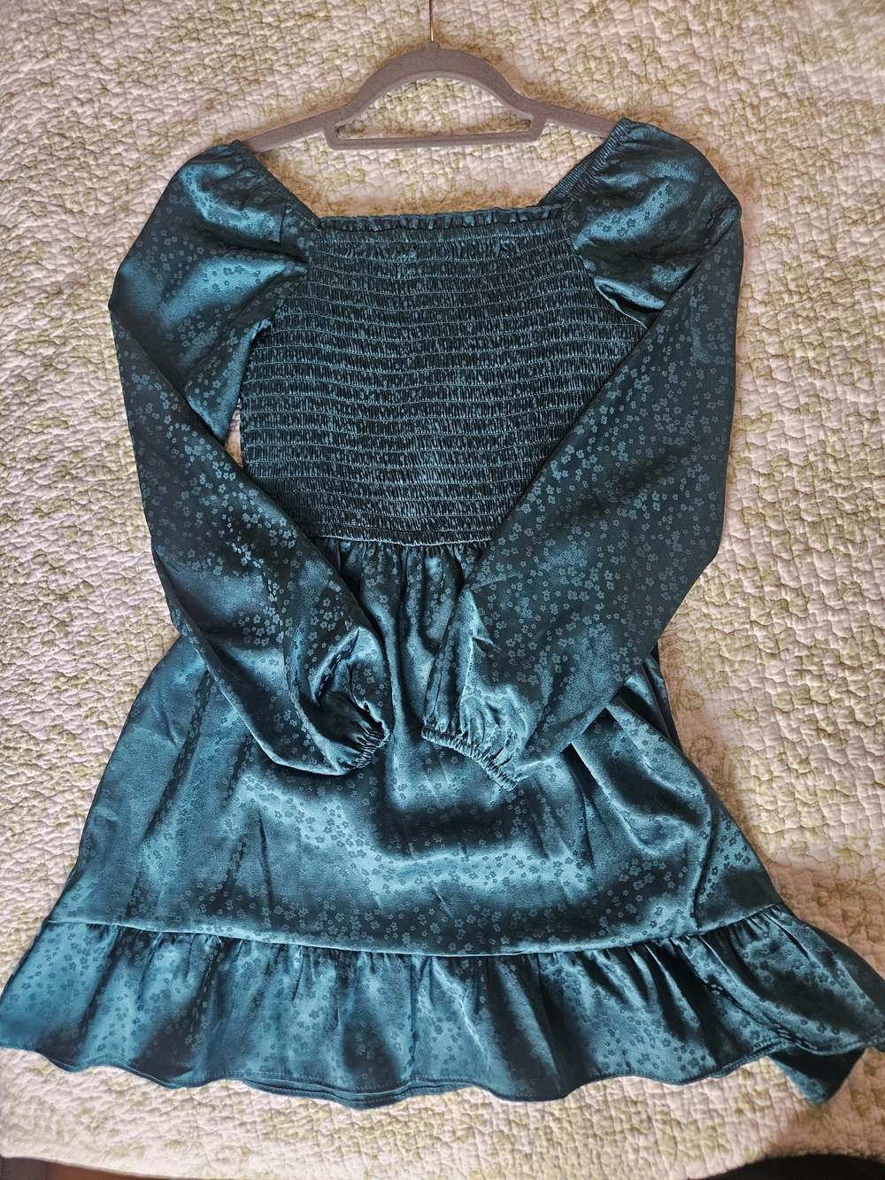 art class Teal Satin-Look Smocked Puff-Sleeve Dress